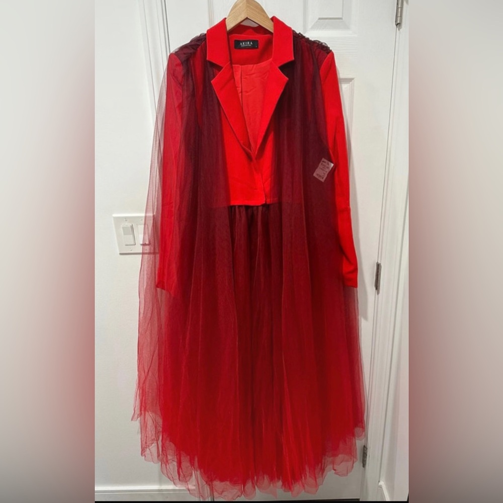 AKIRA Red Tulle-Overlay Blazer Jacket